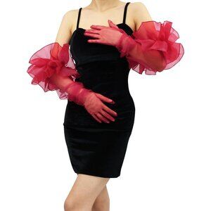 Women's Ruffle Burgundy Tulle Puff Mesh Sheer Long Sleeve Gloves Cocktail Prom